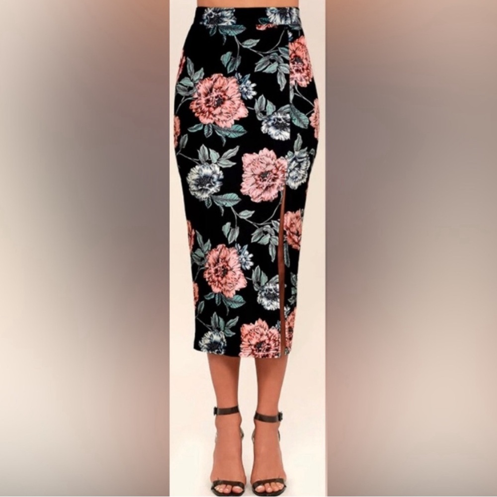 Mink Pink “Garden of Eden” Floral Print Velvet Midi Skirt XS